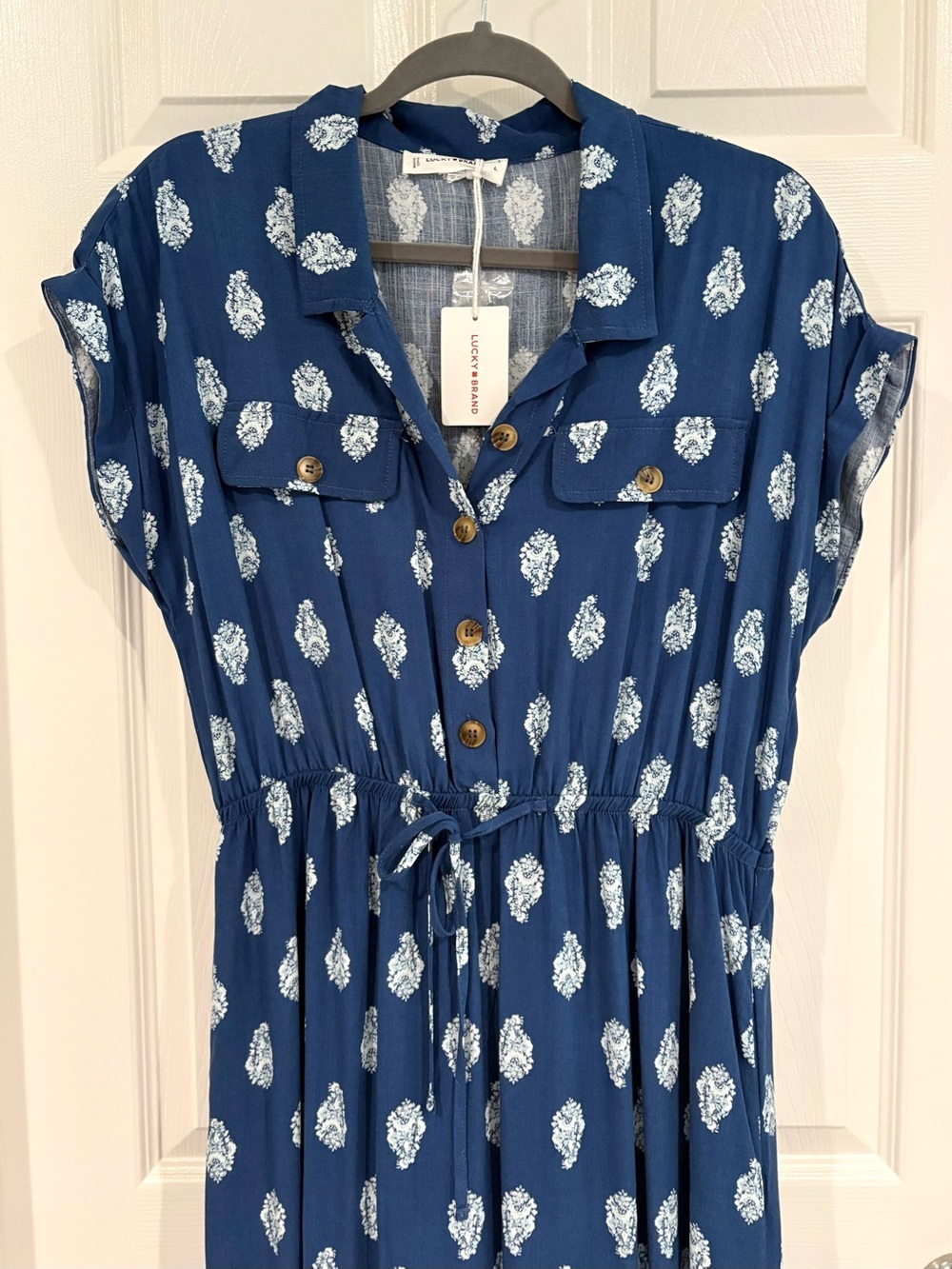 Lucky Brand Midi Blue Collared Shirt Dress Button Drawstring Waist Size L NWT - Picture 7 of 12